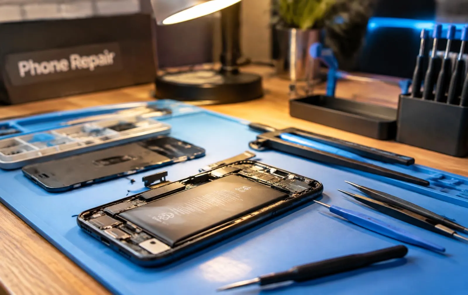 Celular abierto sobre tapete azul con herramientas de precisión en mesa de trabajo